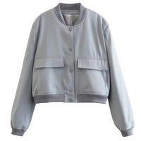 Cropped Bomber Jacket with Snap Front and Flap Pockets