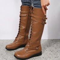Leather Knee High Lace Up Boots with Buckle Straps