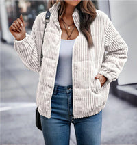 Cosy Ribbed Zip-Up Jacket with Stand Collar and Side Pockets