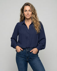 Satin Blouse with Gathered Sleeves and Classic Collar