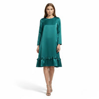 Satin Midi Dress with Frill Hem and Long Sleeves