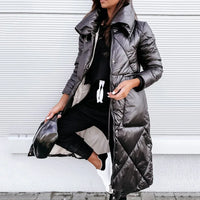 Long Quilted Puffer Jacket with High Collar and Diamond Stitch