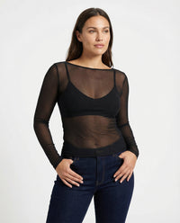 Sheer Mesh Top with Long Sleeves and Boat Neckline