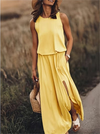 Sleeveless Blouson Maxi Dress with Elasticated Waist and Side Slits