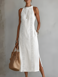 Sleeveless Lace Trim Midi Dress with Halter Neck and Side Split