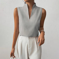 Sleeveless Striped Top with Stand Collar and V-Neckline