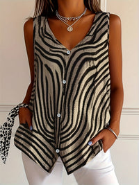 Sleeveless V-Neck Top with Bold Print and Button Front