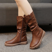 Slouchy Mid Calf Leather Boots with Chunky Flat Sole