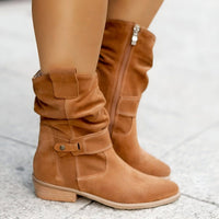 Slouchy Suede Mid-Calf Boots with Block Heel and Strap Detail
