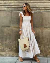 Smocked Gingham Maxi Dress with Ruffle Straps and Tiered Skirt