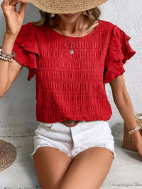Smocked Ruffle Sleeve Top with Round Neckline