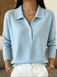 Soft Cashmere-Feel Polo Collar Sweater with Button Placket