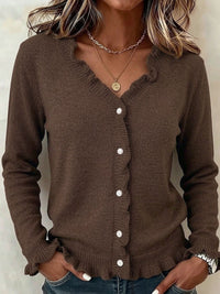 Soft Knit Cardigan with Frill Trim and V-Neckline