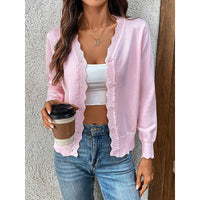 Soft Knit Cardigan with Scalloped Trim and V-Neckline