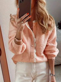 Soft Knit Cardigan with White Lace Trim and Round Neck