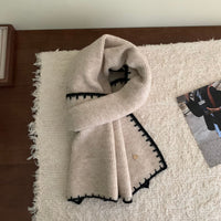 Soft Knit Scarf with Contrast Blanket Stitch Edge and Gold Pin