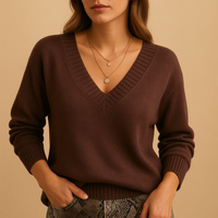 Soft Knit Sweater with Ribbed V-Neckline and Ribbed Cuffs