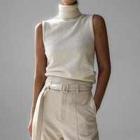 Soft Knit Turtleneck Sleeveless Top with Ribbed Hem
