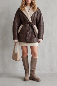Oversized Leather Coat with Sherpa Lining and Tie Belt