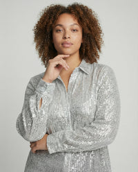 Sparkly Sequin Blouse with Classic Collar and Button Front