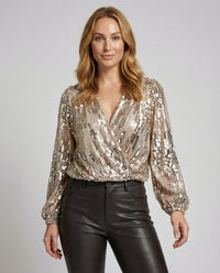 Sparkly Sequin Wrap Top with Puff Sleeves and V-Neckline