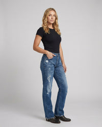 Straight Leg Jeans with Distressed Detail and Mid Rise