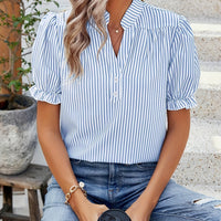 Striped Blouse with Puff Sleeves and Gathered Neckline Detail