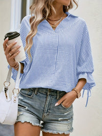 Striped Blouse with Ruffle Tie Cuffs and Curved Hem