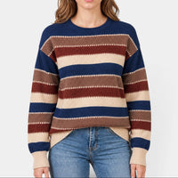 Striped Crew Neck Sweater with Contrast Stitch Detail