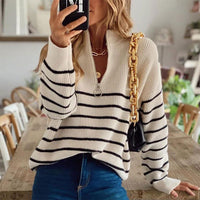 Striped Half Zip Knit Sweater with Ribbed Texture