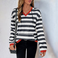 Striped Hoodie with V-Neckline and Red Contrast Trim