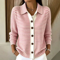 Striped Knit Cardigan with Collar and Contrast Button Placket