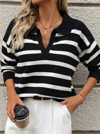Striped Knit Sweater with Polo Collar and V-Neckline