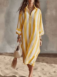 Striped Linen Shirt Dress with Half Zip and Long Sleeves