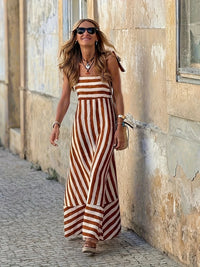 Striped Maxi Dress with Tie Spaghetti Straps and Full Skirt
