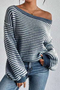 Striped Off Shoulder Knit Sweater with Voluminous Sleeves