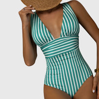 Striped One Piece Swimsuit with Deep V-Neckline and Wrap Waist