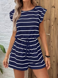 Striped Playsuit with Open Back Detail and Drawstring Waist
