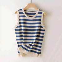 Striped Ribbed Knit Sweater Top with Round Neck