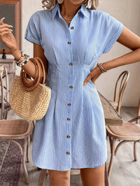 Striped Shirt Dress with Button Front and Collar