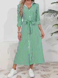 Striped Shirt Midi Dress with Tie Waist and Three Quarter Sleeves