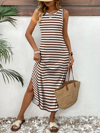 Striped Sleeveless Midi Dress with Side Split and Round Neck