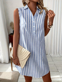 Striped Sleeveless Shirt Dress with Button-Up Front and Curved Hem