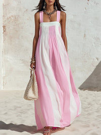 Striped Summer Maxi Dress with Smocked Bodice and Square Neck