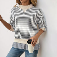 Striped Sweatshirt with Layered Shirt Hem and Mock Neck