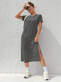 Striped T-Shirt Midi Dress with Side Split and Short Sleeves