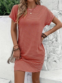 Striped T-Shirt Mini Dress with Round Neck and Cap Sleeves
