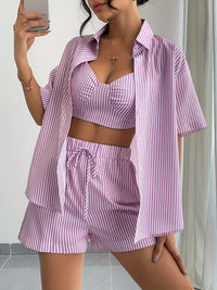 Striped Three Piece Set with Oversized Shirt, Crop Top and Shorts