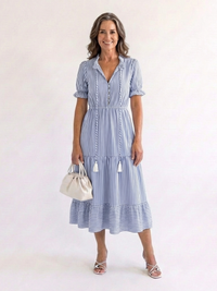 Striped Tiered Midi Dress with Puff Sleeves and Tassel Detail