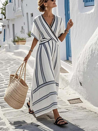 Striped Wrap Front Maxi Dress with V-Neckline and Short Sleeves
